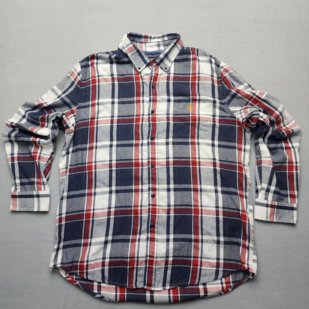 US Polo Assn Mens XL Plaid Button Down Shirt Navy Blue Red White Long Sleeve